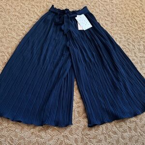Navy Pleated Wide-Leg Pants